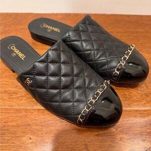 CHANEL Black Quilted Mules with Chain Detail